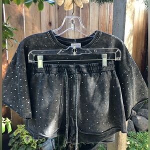 LeLis Crop Top & Shorts Set w/ Irridescent Rhinestones Acid Wash Size  S…